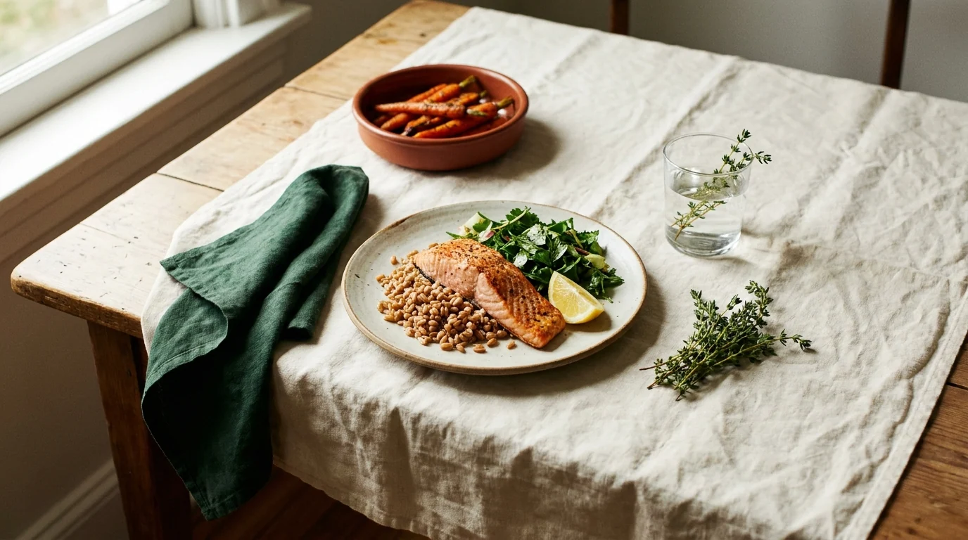 A weeknight plate of salmon, farro, and greens on a linen table.