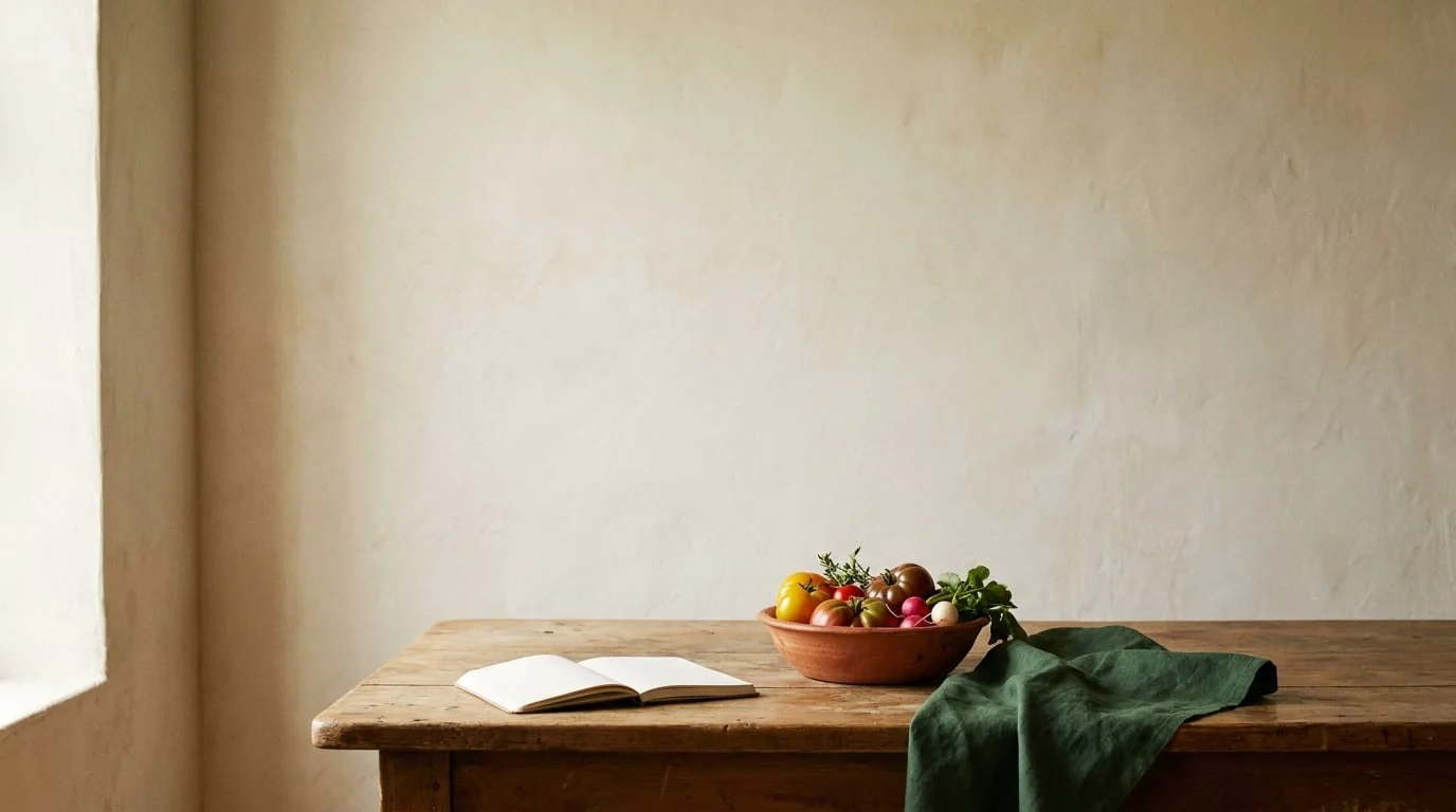 A wooden table with a notebook, a terracotta bowl of tomatoes, and a forest green linen.