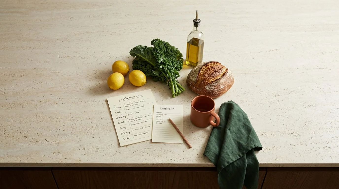 A handwritten weekly meal plan and shopping list on a kitchen counter with lemons, kale, and bread.